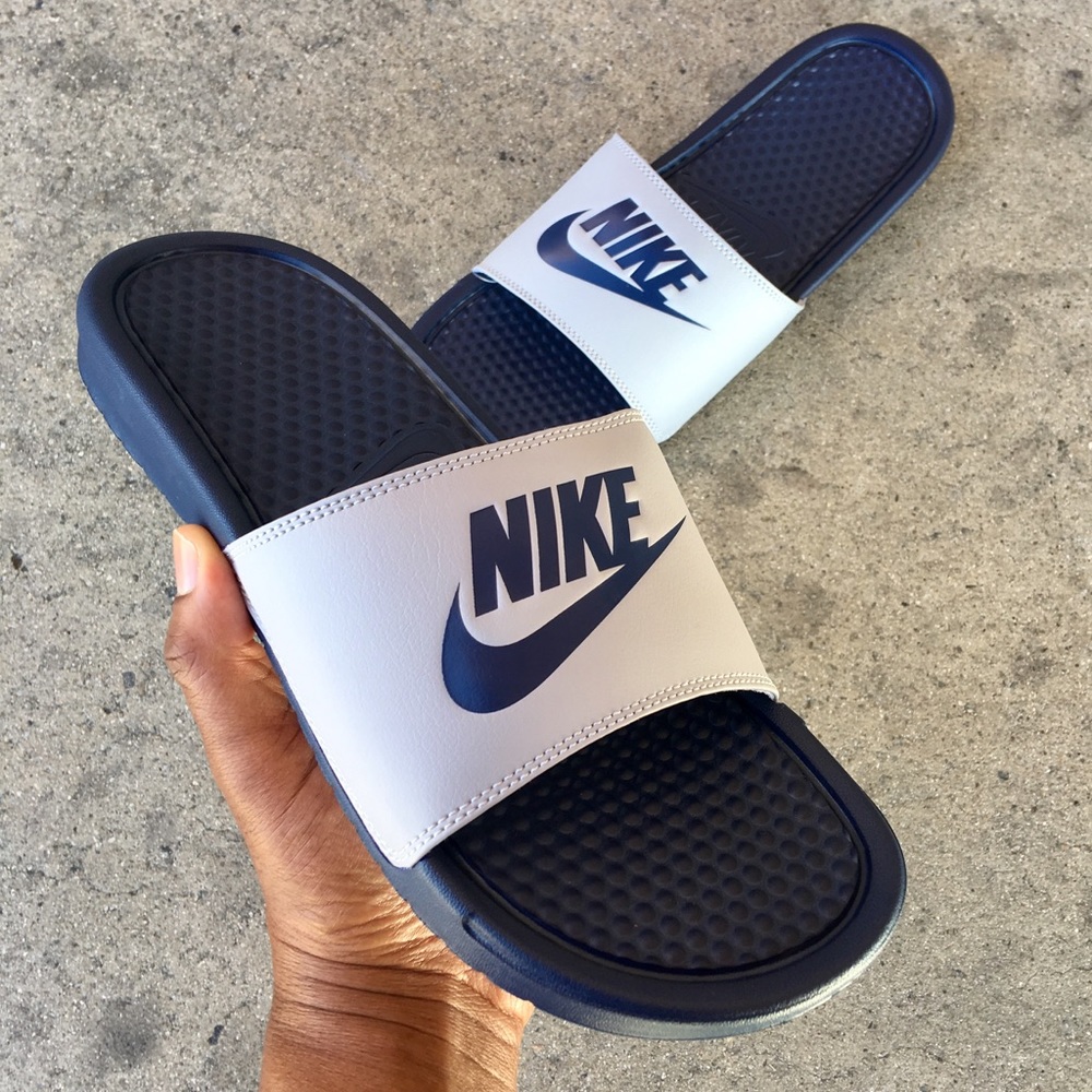 NIKE BENASSI SLIDES JUST DO IT JDI GREY DARK BLUE